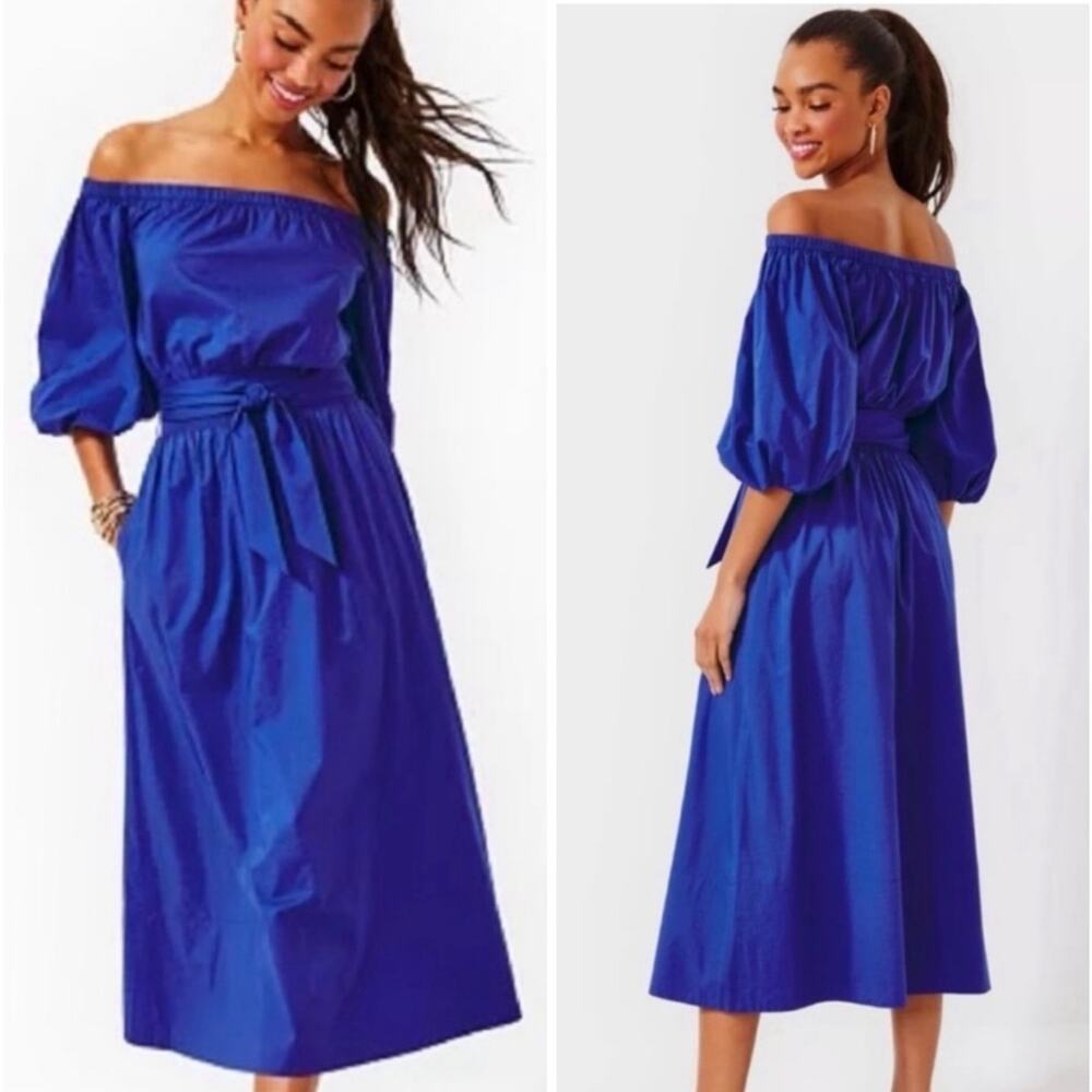 Lilly Pulitzer Sz S Shawnlee Elbow Sleeve Off-The-Shoulder Cotton Midi Maxi Drs